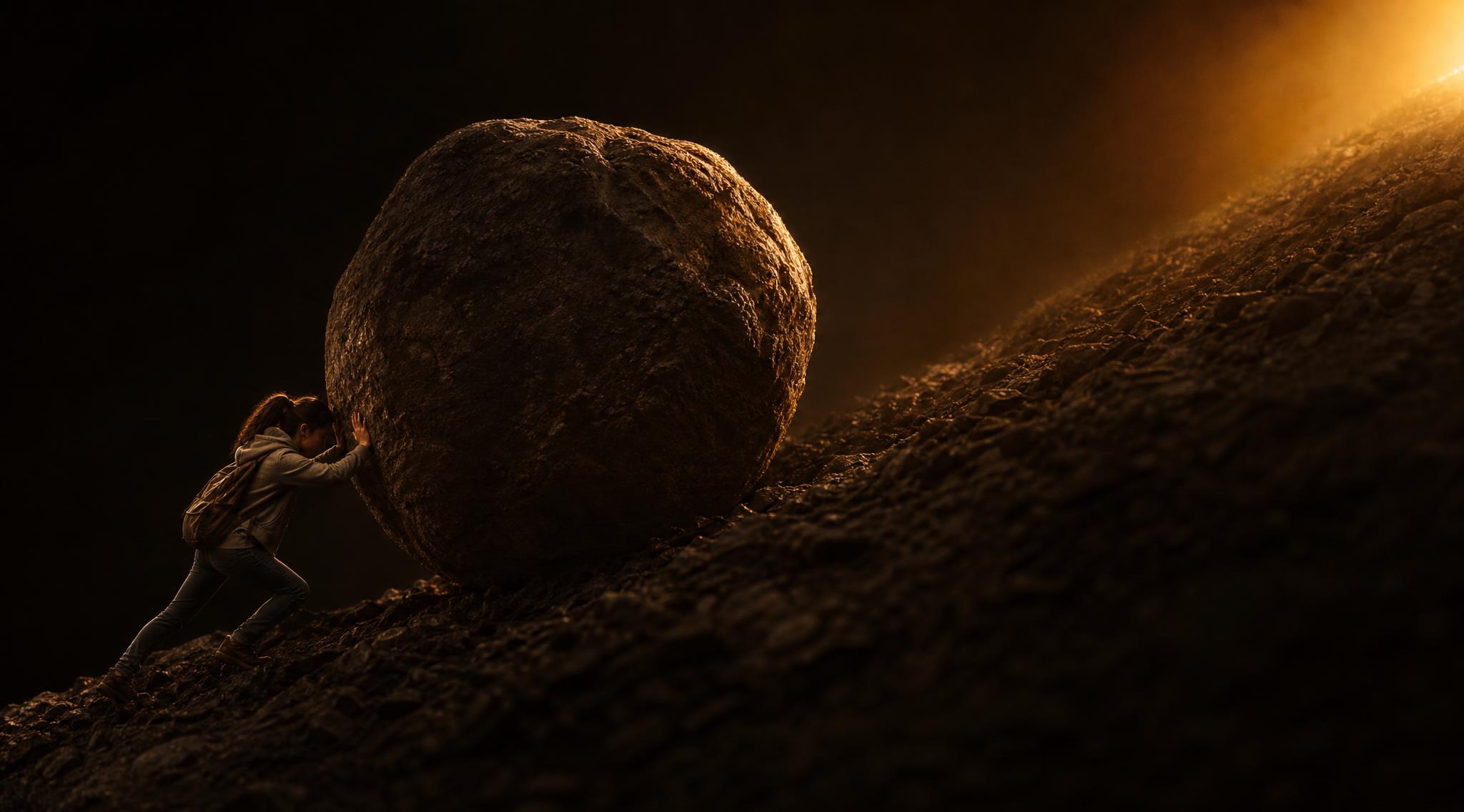 A lone figure shouldering a boulder up a long dark slope toward the light breaking over the ridge
