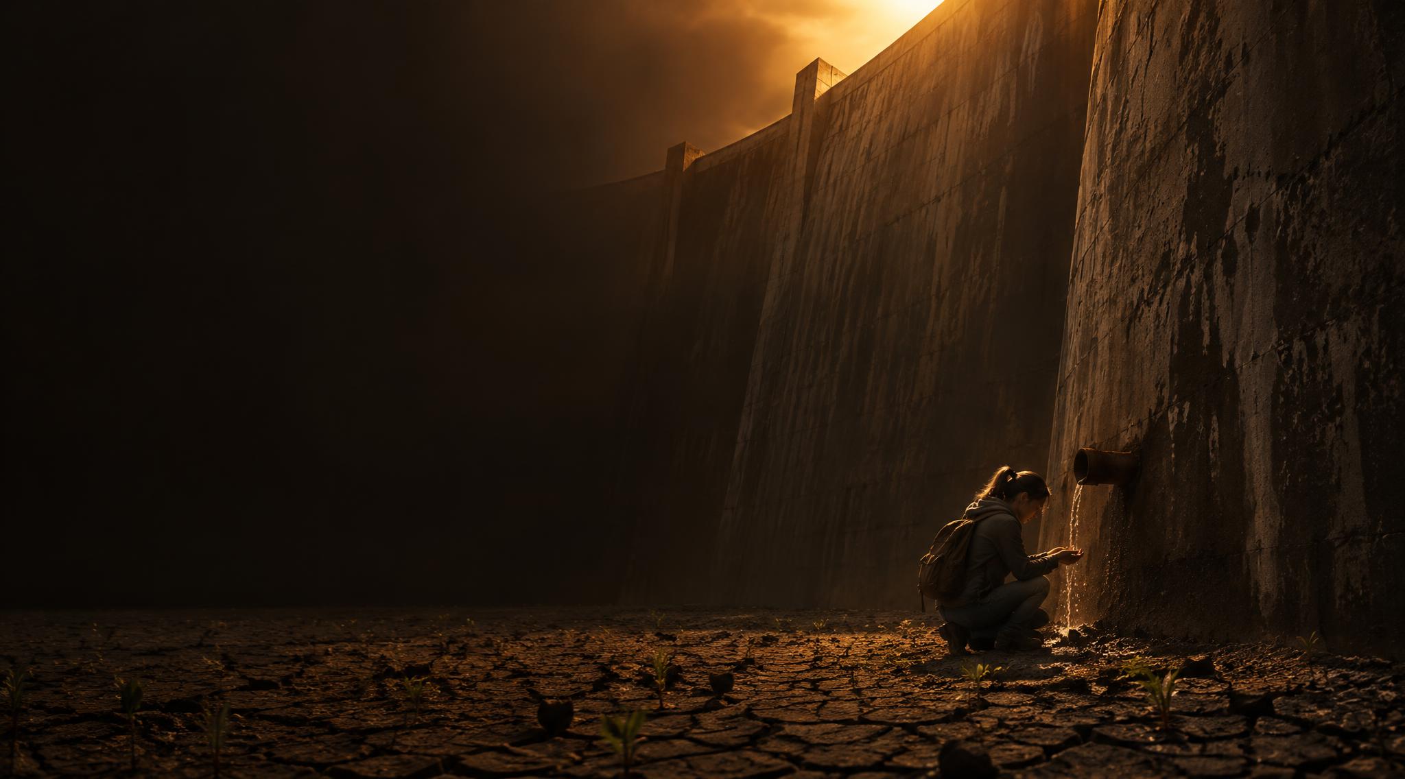 A woman kneels on cracked, dry ground at the foot of a huge dam wall, catching a trickle of water from a single pipe