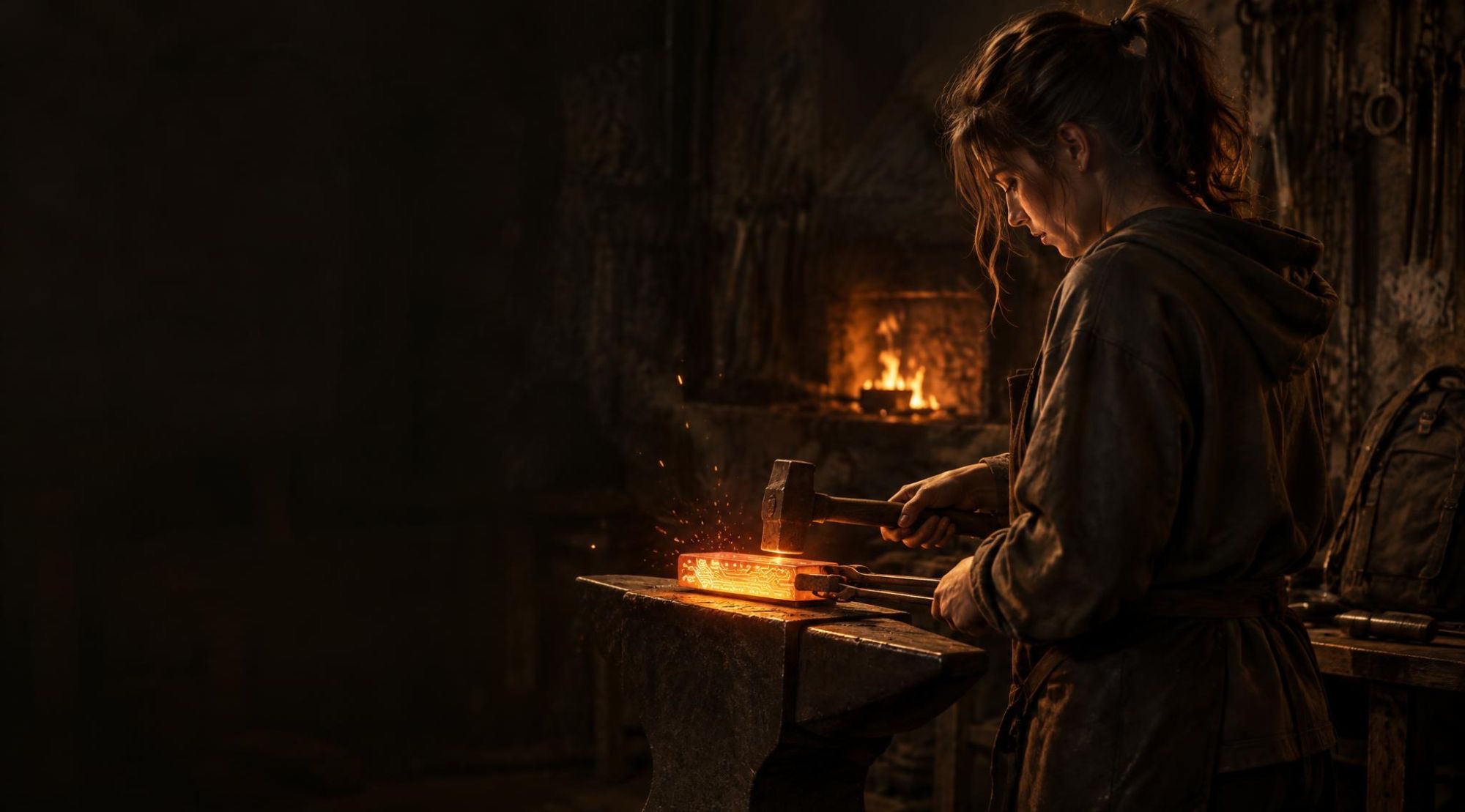 In a dark forge, a woman hammers a glowing bar etched with circuit lines on an anvil, sparks flying.