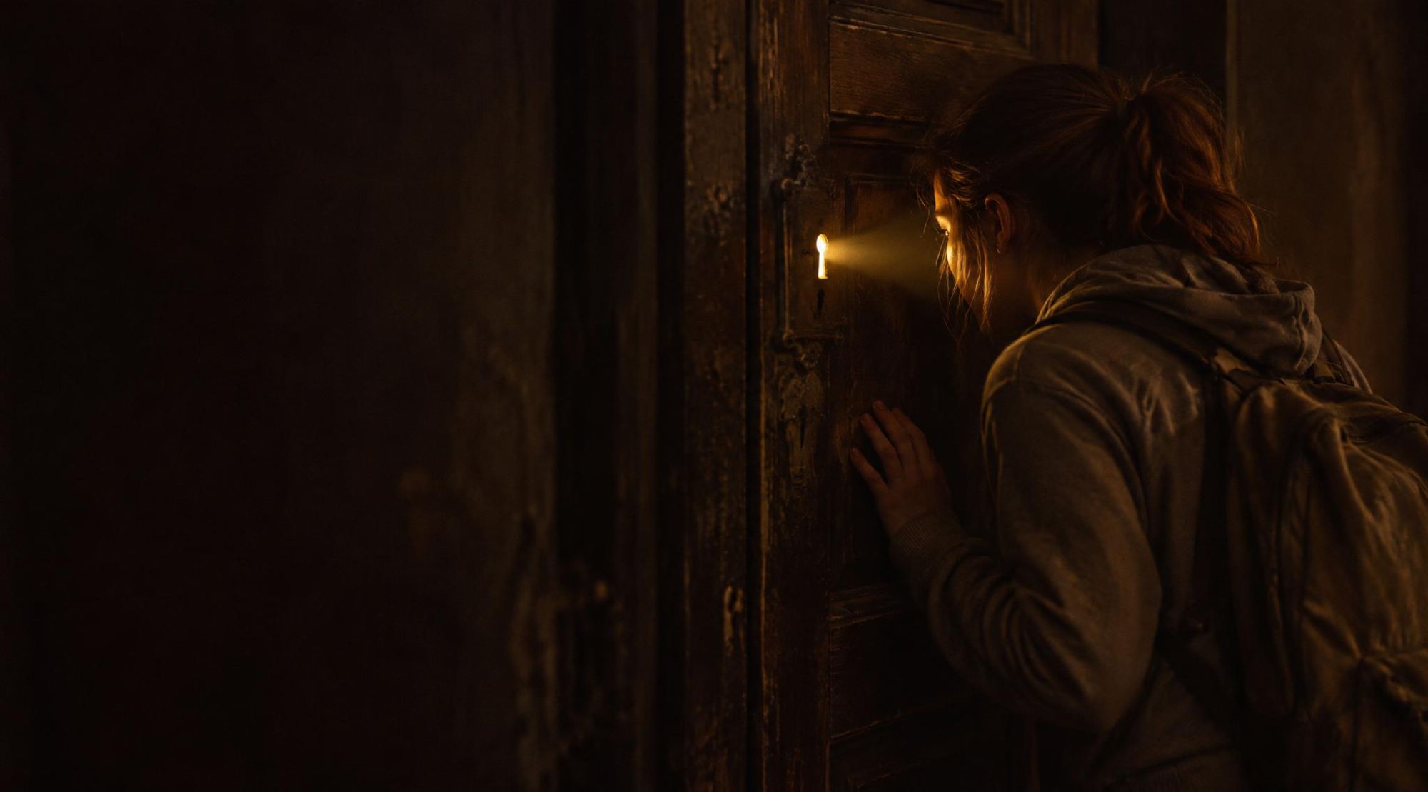 A person leaning against an old wooden door, looking through a keyhole at the light on the other side