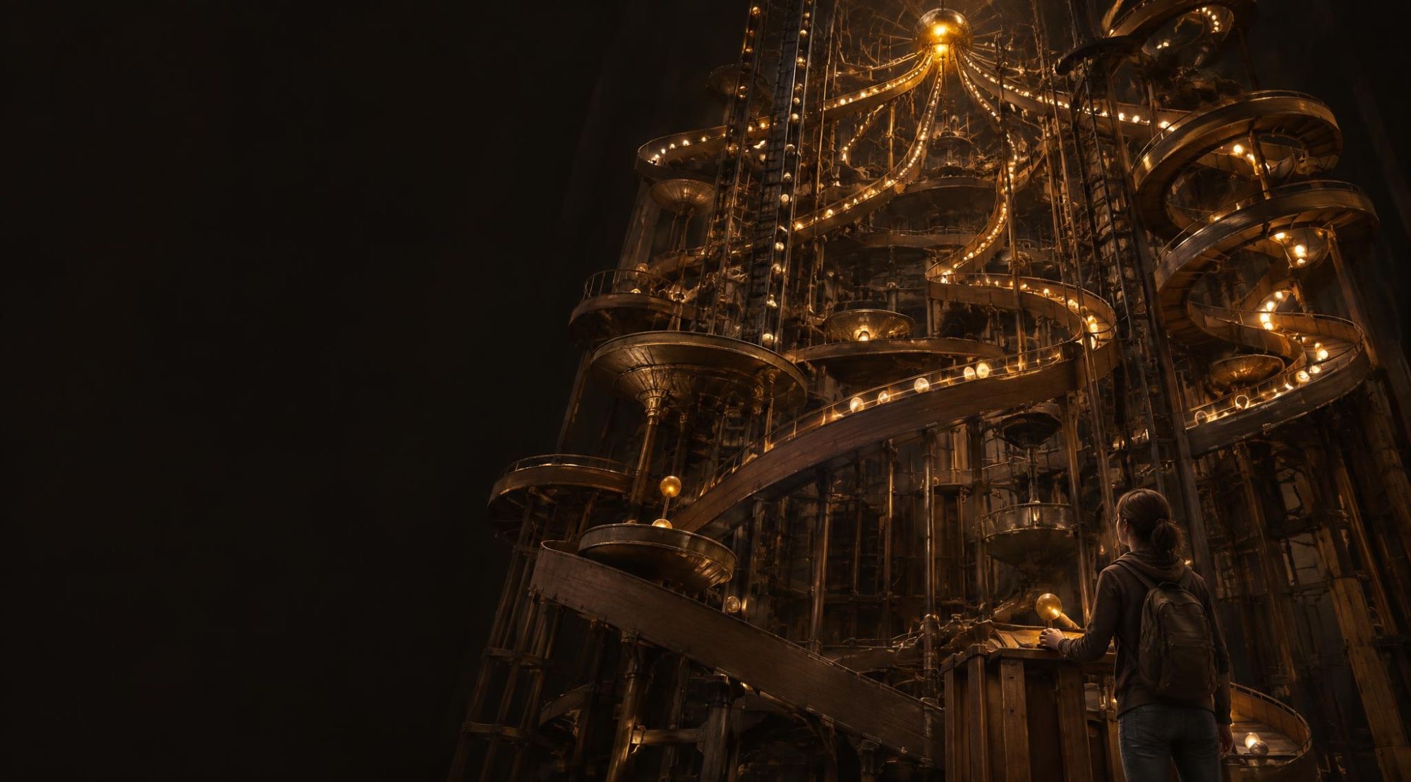 A woman with a backpack stands at the foot of a towering brass marble run, lit by glowing balls on spiralling tracks, with her hand on a ball at its base.