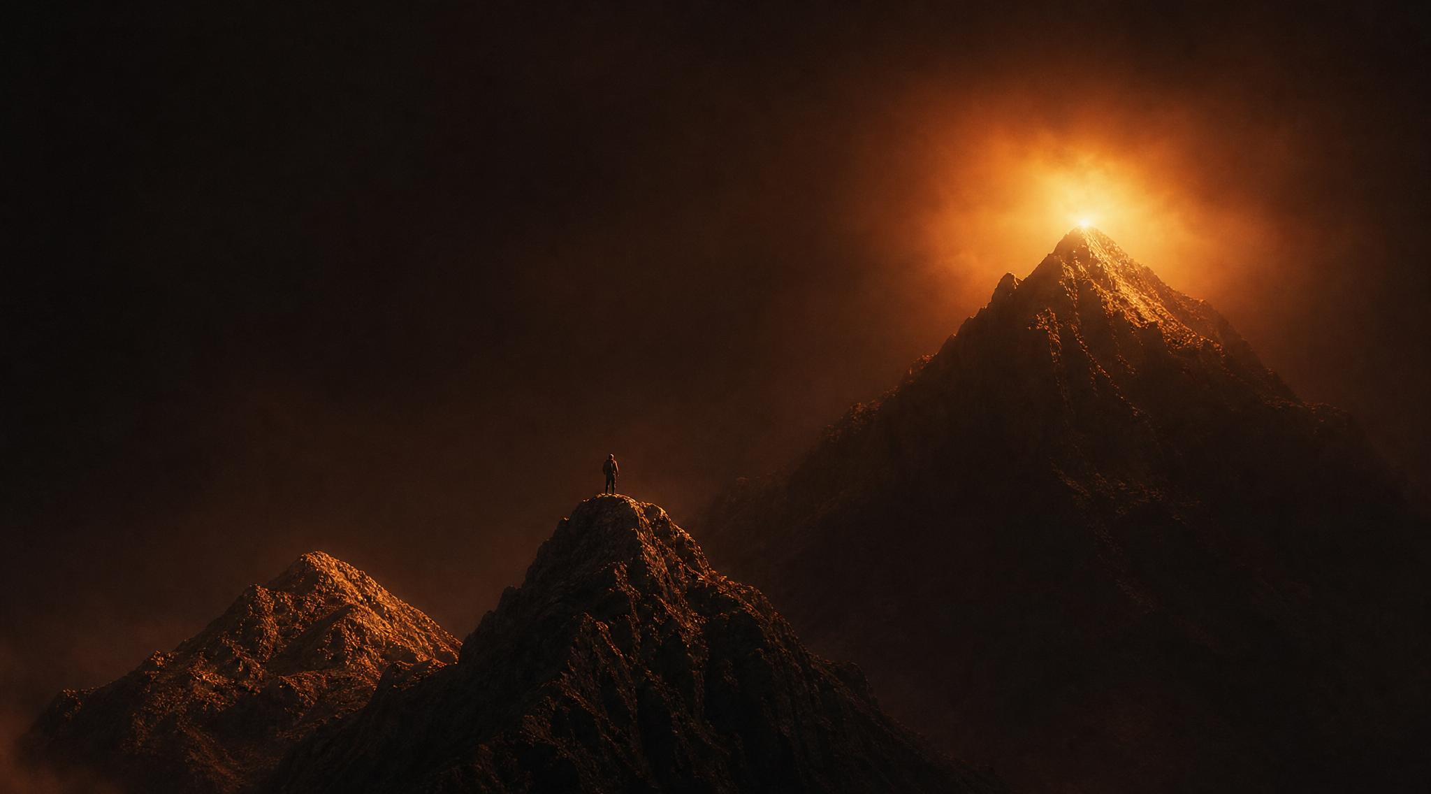 A figure standing on one dark peak, facing a taller summit lit from behind
