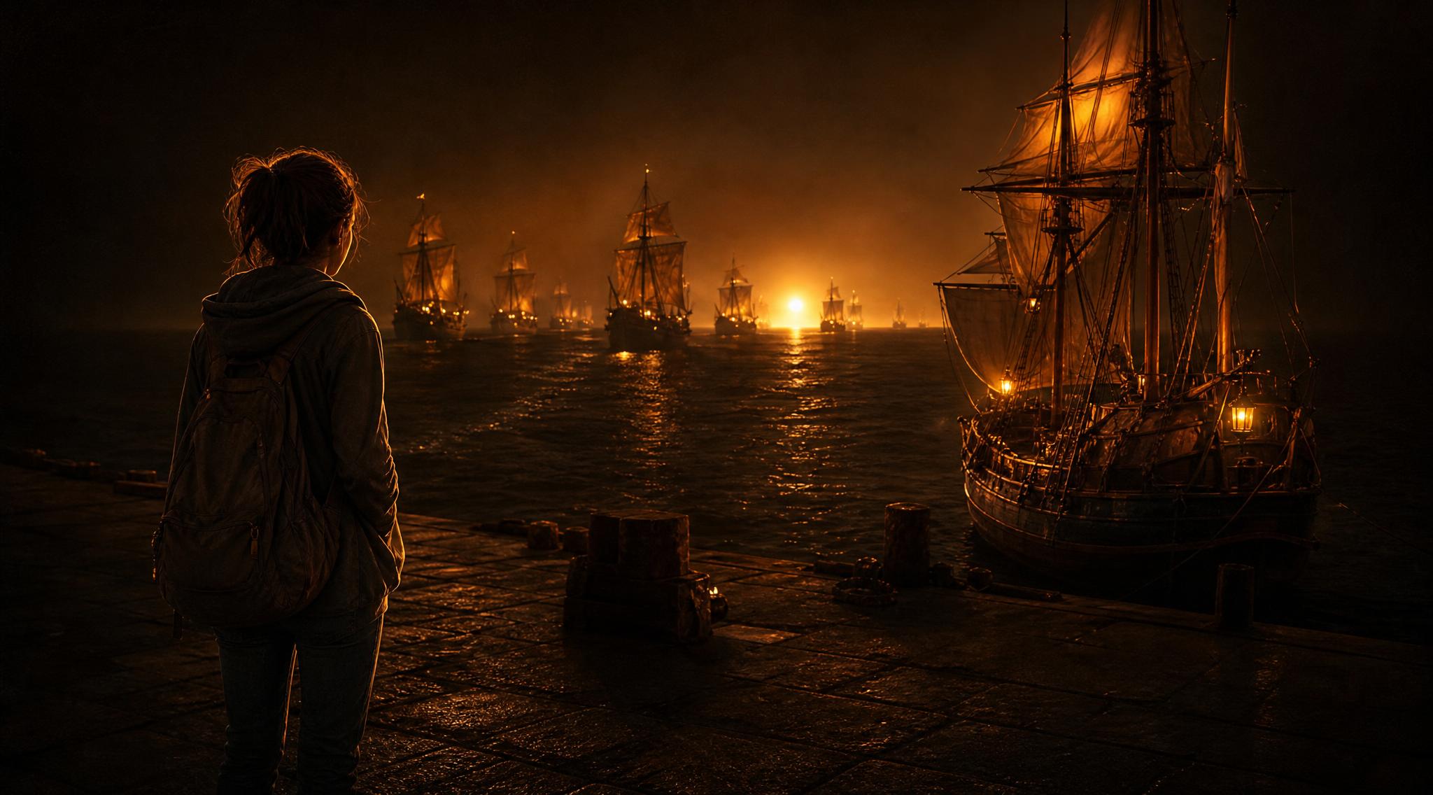 A figure on a dark wharf at night watching a fleet of tall ships come in under a low amber light
