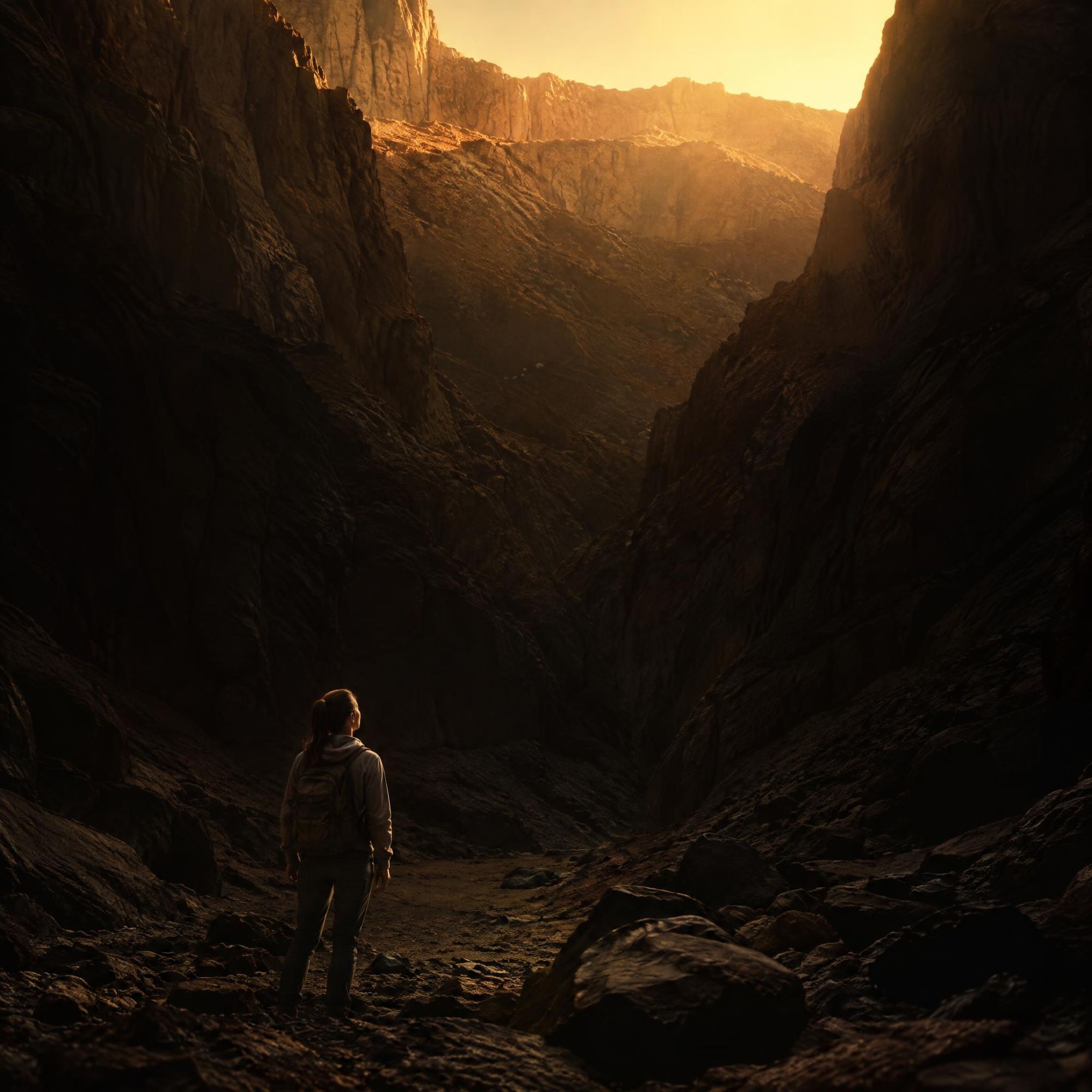 A lone figure at the bottom of a deep canyon, looking up at the light far above