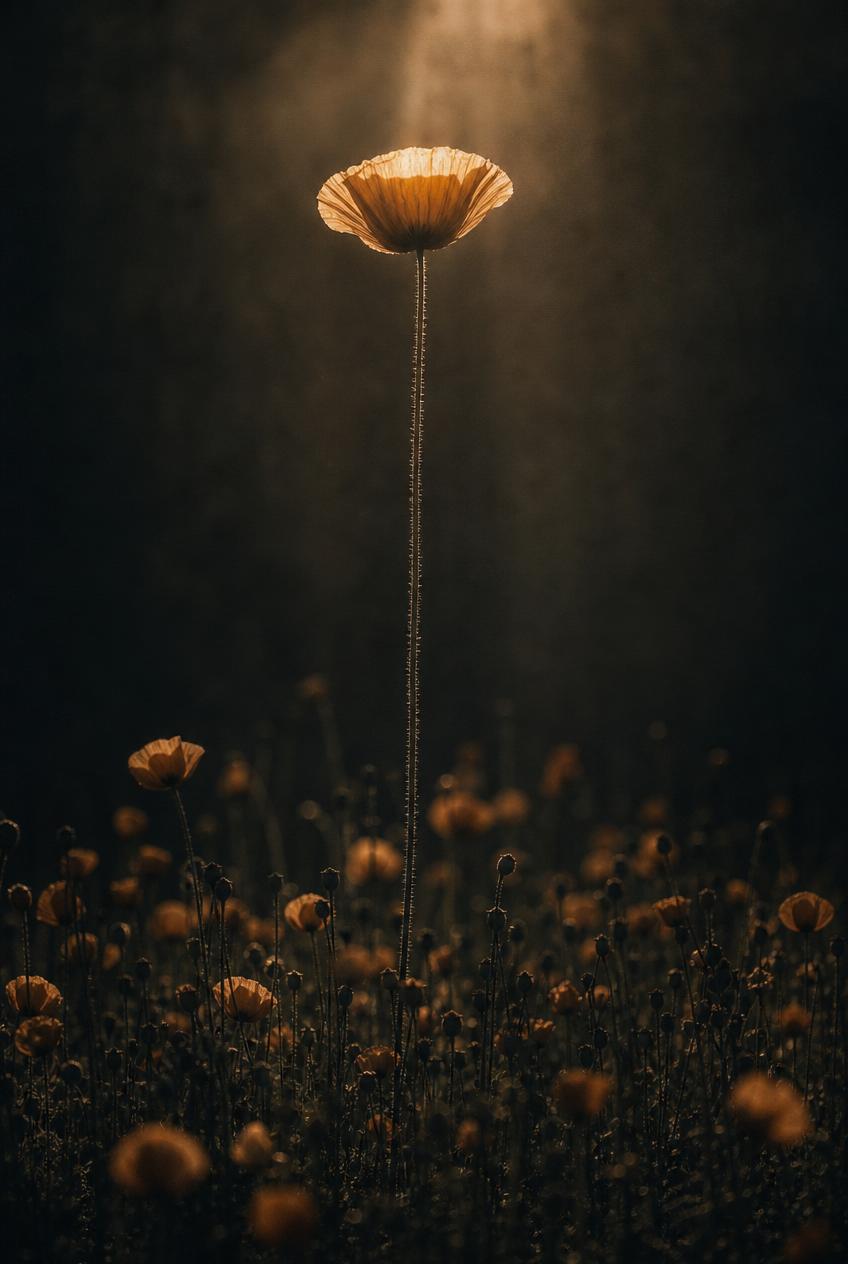 One poppy grown far above the rest of the field, lit from somewhere above it