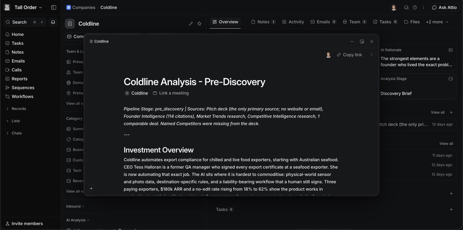 The Coldline memo open in its Attio company record